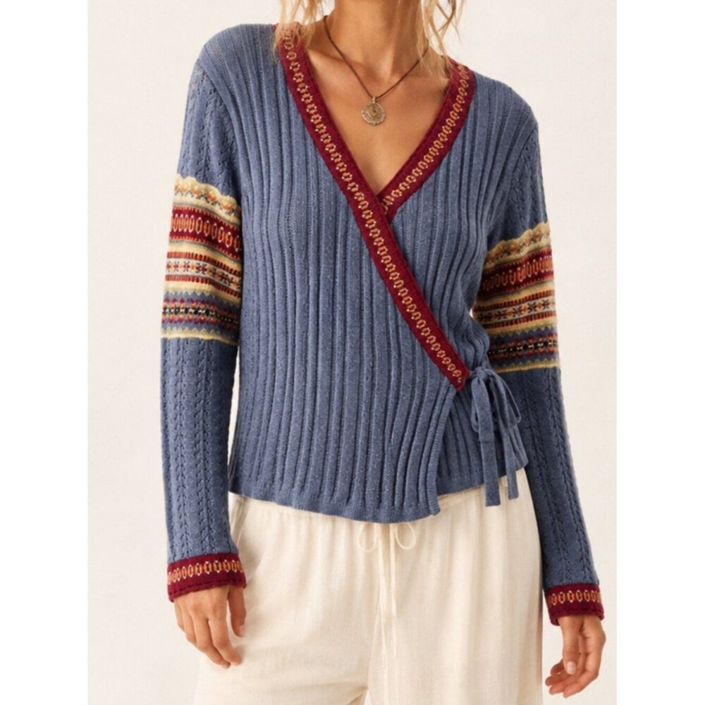 Hanna Andersson 100% Cotton Fair Isle Wrap Cardigan Sweater Blue Red Boho Nordic
